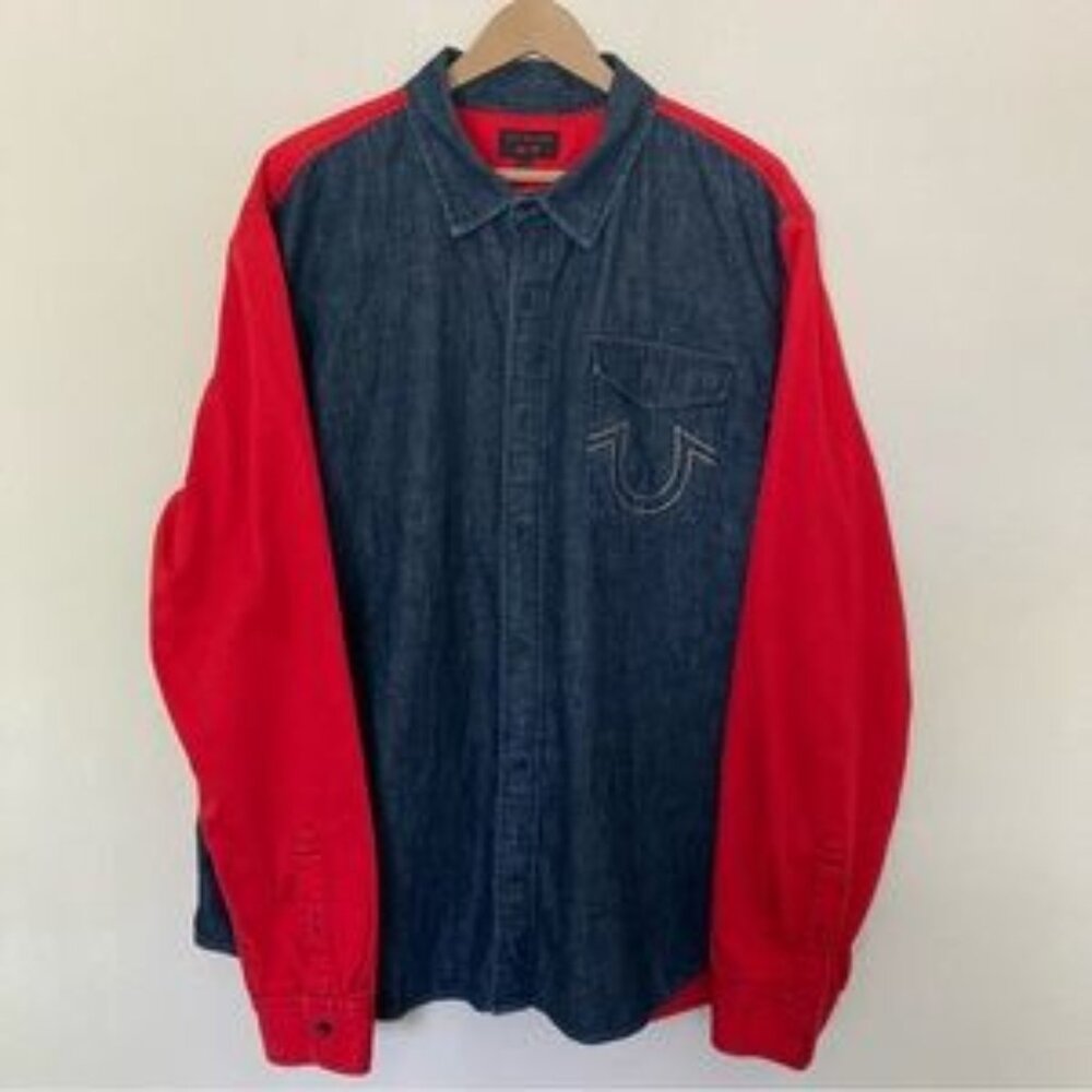 True Religion Blue Denim/Red  Button Up Western Long Sleeve-Size 3X
